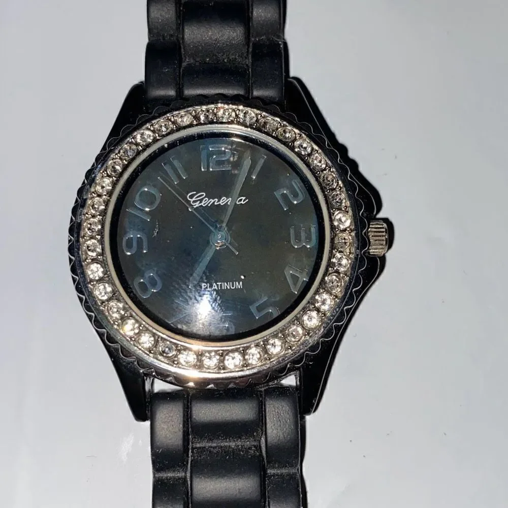 Geneva Women's Black‎ Silicone Band Water Resistant Faux Diamond Quartz Watch OS